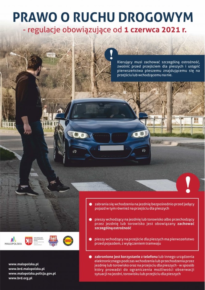 Plakat informujący o zmianach w przepisach ruchu drogowego dotyczących pieszych