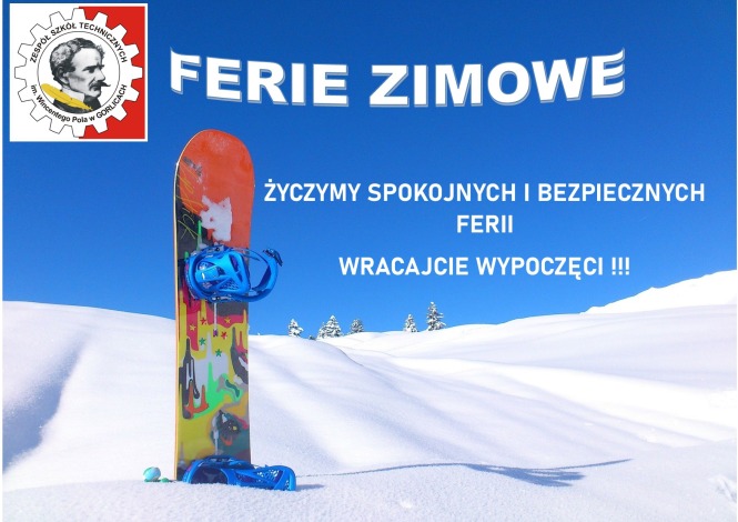 Życzenia zdrowych i spokojnych ferii na zdjęciu w zimowej scenerii