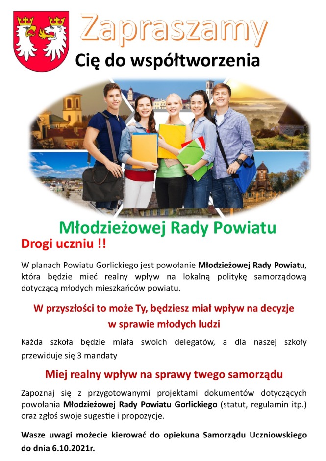 Plakat ze Starostwa Powiatowego zachęcający do wstępowania w szeregi Młodzieżowej Rady Powiatu
