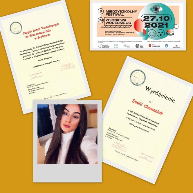Kolaż przedstawia zdjęcie Emilii Chowaniak uczestniczki poniżej opisanego konkursu, jej dyplom uczestnictwa, podziękowanie za udział w konkursie dla szkoły oraz logo konkursu