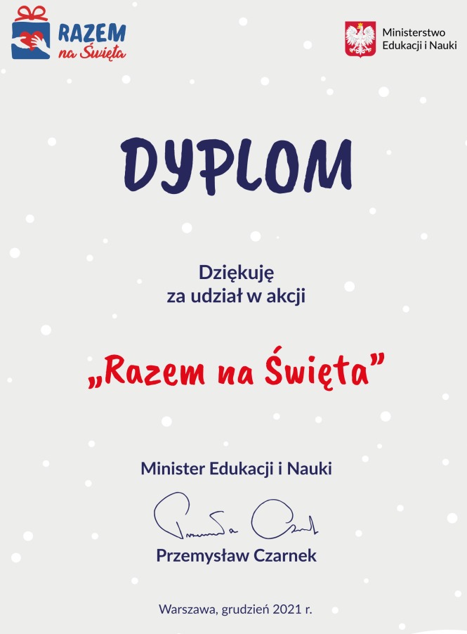 Dyplom podziękowanie za udział w akcji od MEiN
