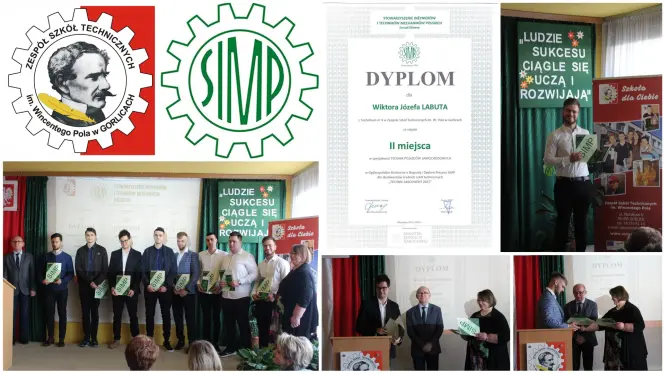 Kolaż zdjęć z wręczania nagród i wyróżnień członkom szkolnego koła SIMP