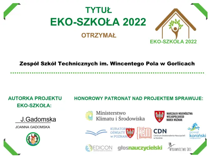 Dyplom potwierdzający uzyskanie tutułu EKO-Szkoły