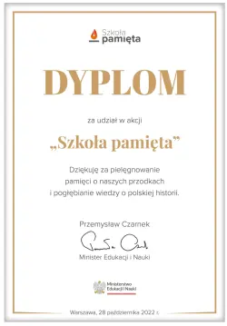 Miniatura dyplomu podziękowania za udział w akcji Szkoła Pamięta
