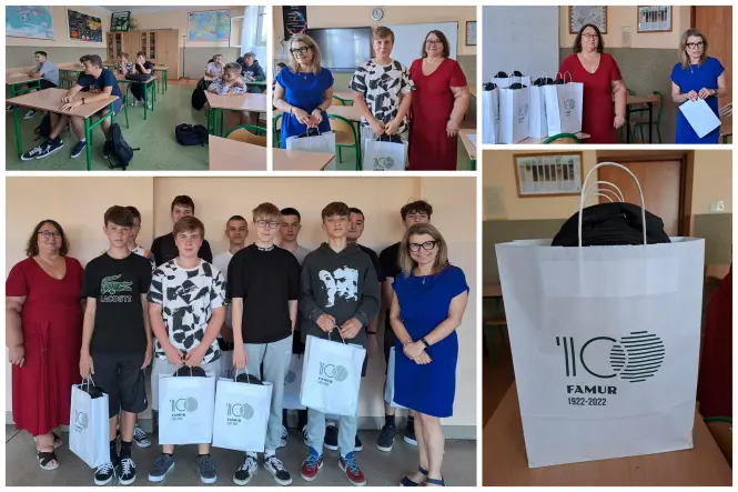 Kolaż zdjęć ze spotkania uczniów z przedstawicielem firmy Famur