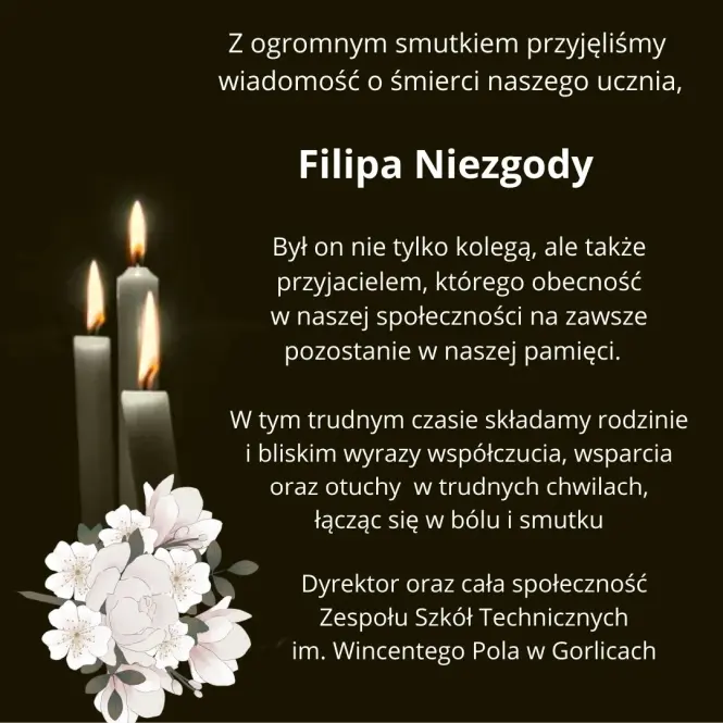 Kilka słów pożegnania naszego ucznia Filipa Niezgody w związku z jego śmiercią