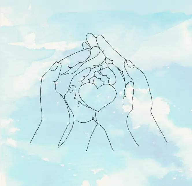 Plakat dwie specione ręce z sercem w środku